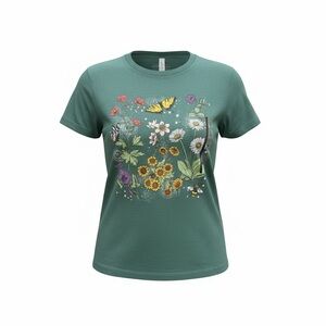 Floral Graphic Tee - Green with butterflies